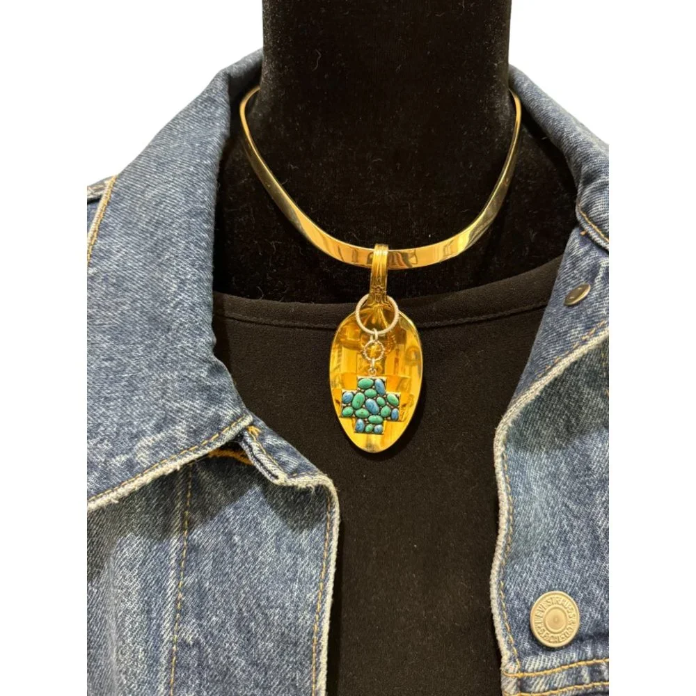 King Arthur Gold Spoon Pendant - Vintage Cross Charm Choker | Alma Antigua
